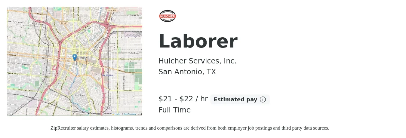 Hulcher Services, Inc. job posting for a Laborer in San Antonio, TX with a salary of $22 to $23 Hourly with a map of San Antonio location.