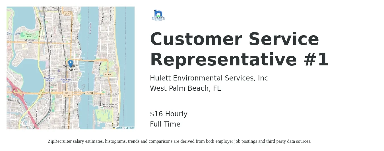 Hulett Environmental Services job posting for a Customer Service Representative #1 in West Palm Beach, FL with a salary of $17 Hourly with a map of West Palm Beach location.