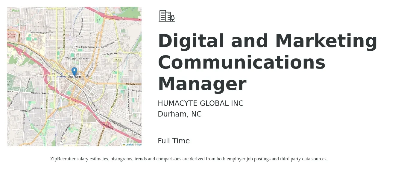 HUMACYTE GLOBAL INC job posting for a Digital and Marketing Communications Manager in Durham, NC with a salary of $64,600 to $94,200 Yearly with a map of Durham location.