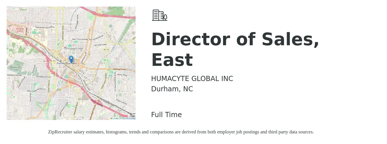 HUMACYTE GLOBAL INC job posting for a Director of Sales, East in Durham, NC with a salary of $66,400 to $117,800 Yearly with a map of Durham location.