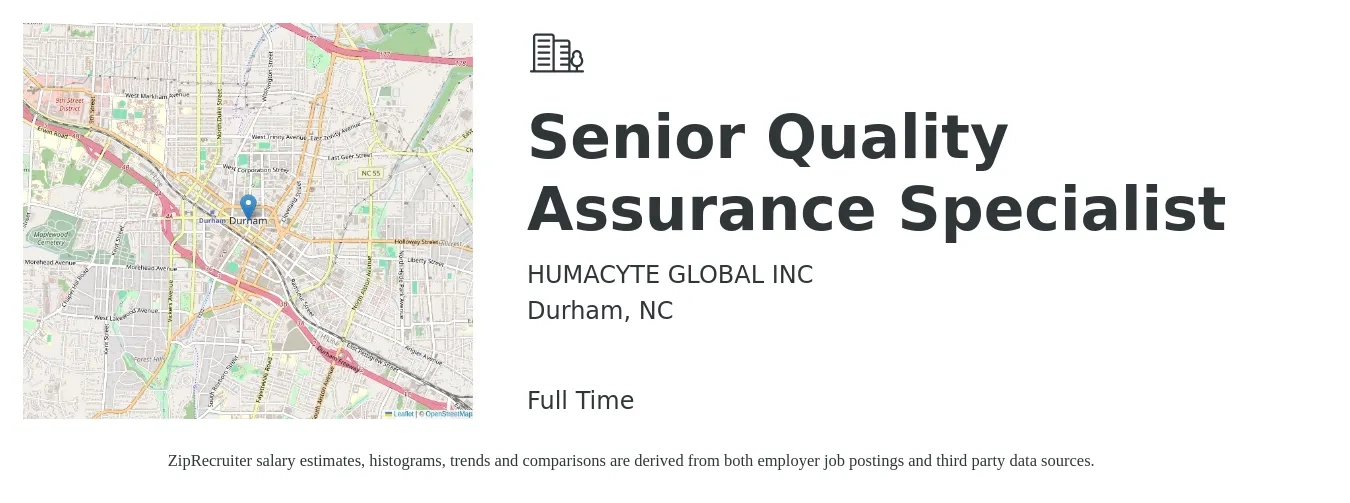 HUMACYTE GLOBAL INC job posting for a Senior Quality Assurance Specialist in Durham, NC with a salary of $77,700 to $107,000 Yearly with a map of Durham location.