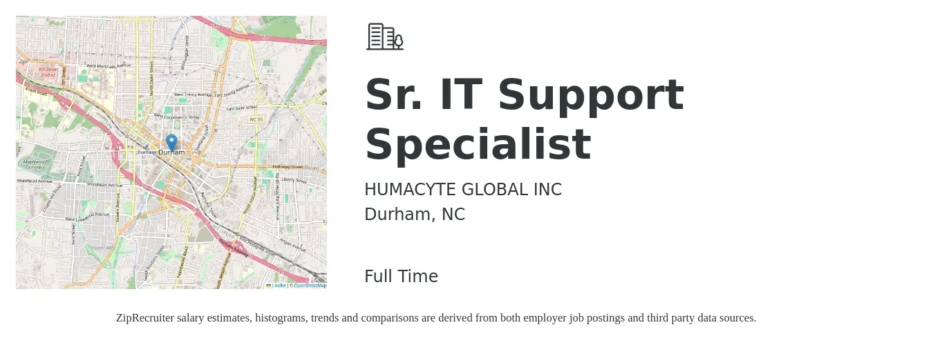 HUMACYTE GLOBAL INC job posting for a Sr. IT Support Specialist in Durham, NC with a salary of $70,200 to $109,300 Yearly with a map of Durham location.