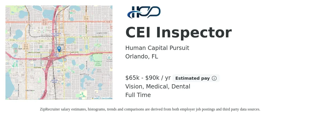 Human Capital Pursuit job posting for a CEI Inspector in Orlando, FL with a salary of $65,000 to $90,000 Yearly and benefits including medical, pto, retirement, vision, dental, and life_insurance with a map of Orlando location.