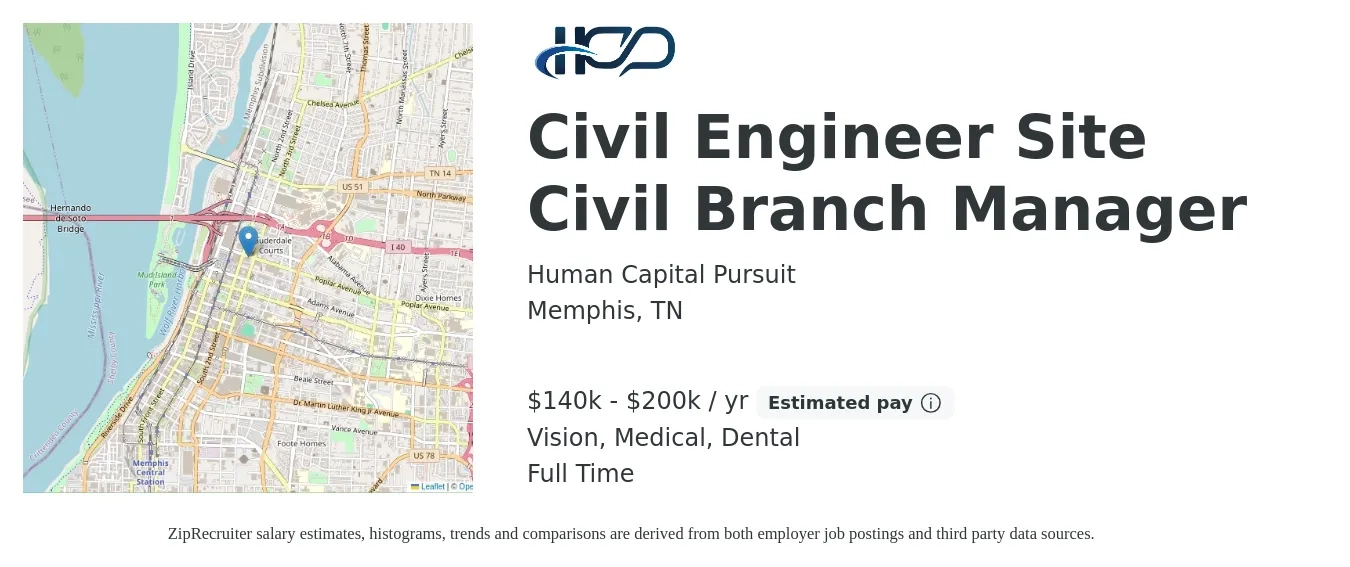 Human Capital Pursuit job posting for a Civil Engineer Site Civil Branch Manager in Memphis, TN with a salary of $140,000 to $200,000 Yearly and benefits including vision, dental, life_insurance, medical, pto, and retirement with a map of Memphis location.