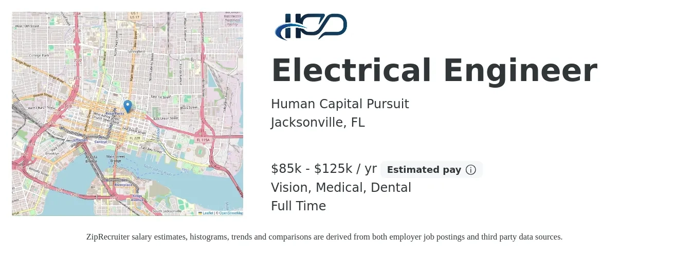 Human Capital Pursuit job posting for a Electrical Engineer in Jacksonville, FL with a salary of $85,000 to $125,000 Yearly and benefits including dental, life_insurance, medical, pto, retirement, and vision with a map of Jacksonville location.