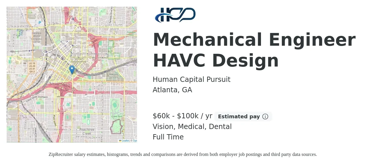 Human Capital Pursuit job posting for a Mechanical Engineer HAVC Design in Atlanta, GA with a salary of $60,000 to $100,000 Yearly and benefits including life_insurance, medical, pto, retirement, vision, and dental with a map of Atlanta location.