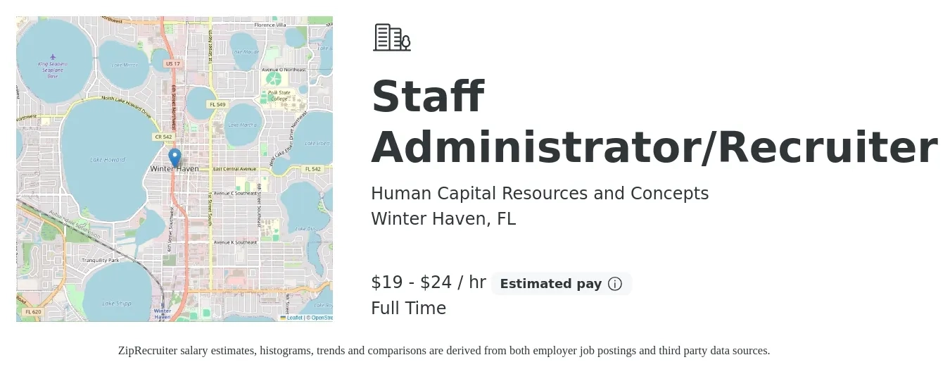 Human Capital Resources and Concepts job posting for a Staff Administrator/Recruiter in Winter Haven, FL with a salary of $20 to $25 Hourly with a map of Winter Haven location.