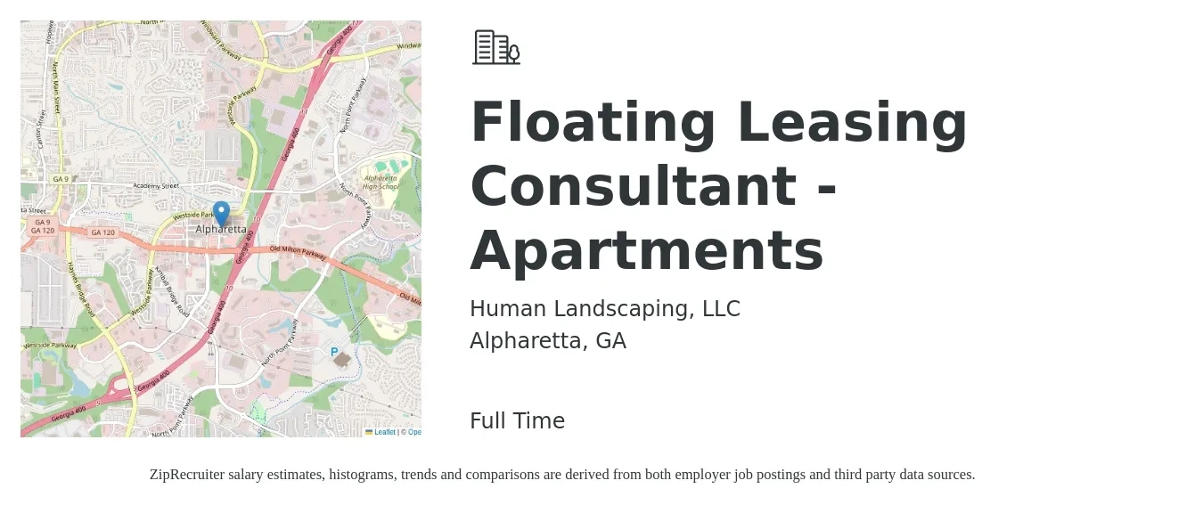 Human Landscaping, LLC job posting for a Floating Leasing Consultant - Apartments in Alpharetta, GA with a salary of $16 to $18 Hourly with a map of Alpharetta location.