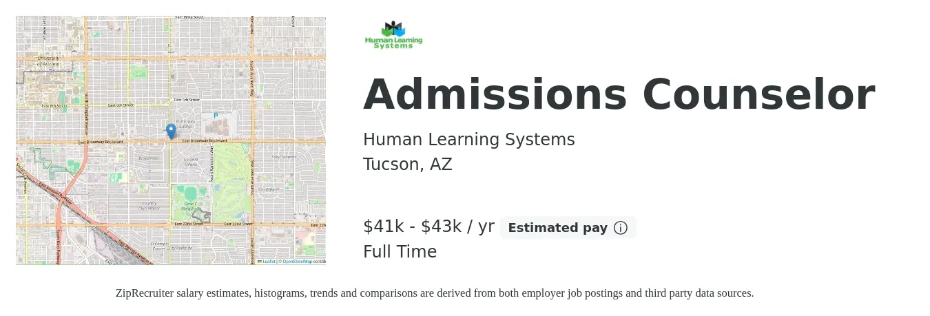 Human Learning Systems job posting for a Admissions Counselor in Tucson, AZ with a salary of $41,000 to $43,000 Yearly with a map of Tucson location.