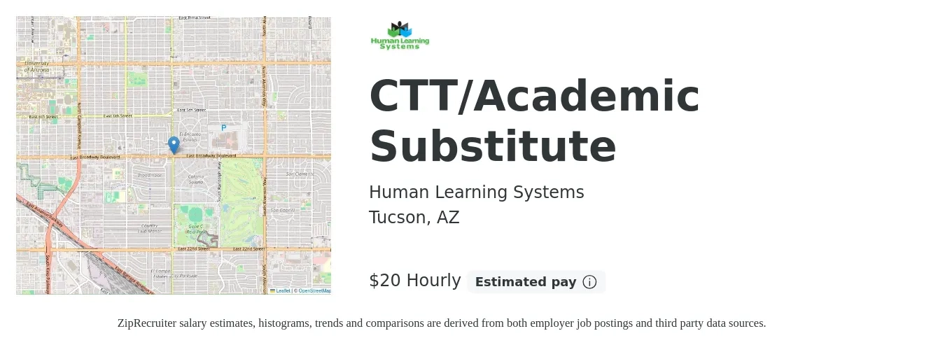Human Learning Systems job posting for a CTT/Academic Substitute in Tucson, AZ with a salary of $20 to $22 Hourly with a map of Tucson location.
