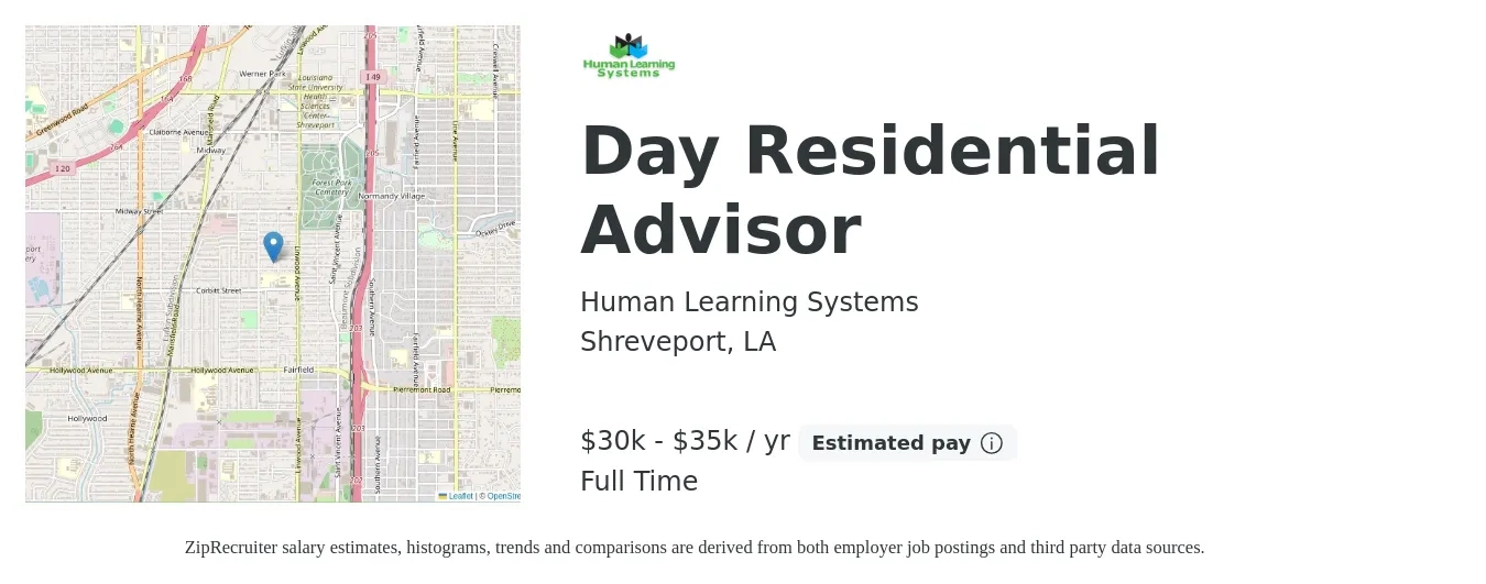 Human Learning Systems job posting for a Day Residential Advisor in Shreveport, LA with a salary of $30,000 to $35,000 Yearly with a map of Shreveport location.