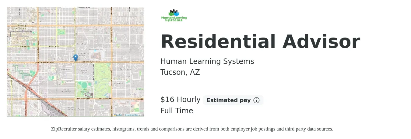 Human Learning Systems job posting for a Residential Advisor in Tucson, AZ with a salary of $17 Hourly with a map of Tucson location.
