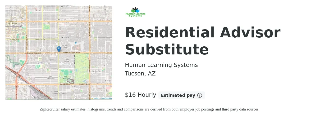 Human Learning Systems job posting for a Residential Advisor Substitute in Tucson, AZ with a salary of $17 Hourly with a map of Tucson location.