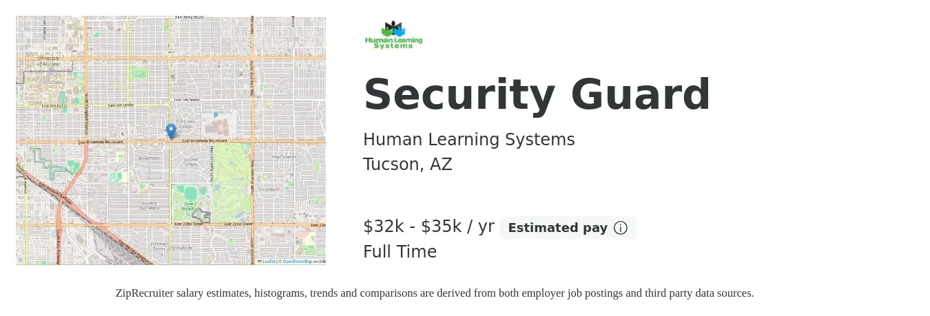 Human Learning Systems job posting for a Security Guard in Tucson, AZ with a salary of $32,361 to $35,361 Yearly with a map of Tucson location.