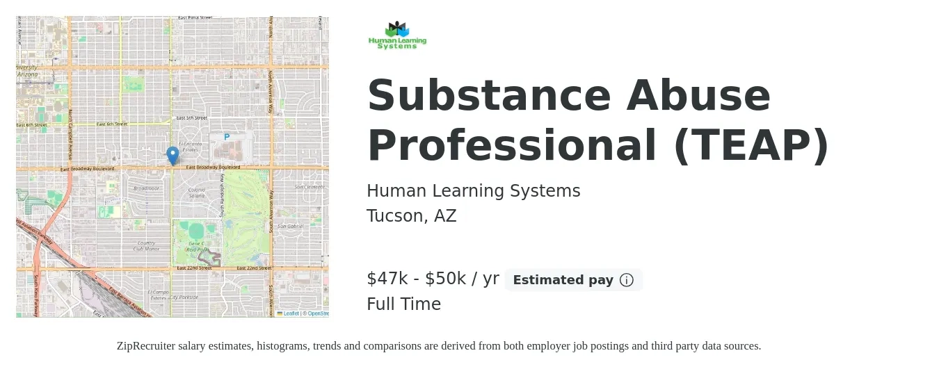 Human Learning Systems job posting for a Substance Abuse Professional (TEAP) in Tucson, AZ with a salary of $47,000 to $50,000 Yearly with a map of Tucson location.