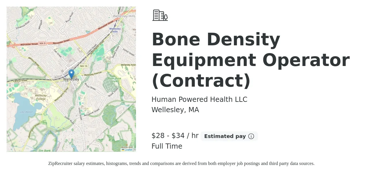 Human Powered Health LLC job posting for a Bone Density Equipment Operator (Contract) in Wellesley, MA with a salary of $30 to $36 Hourly with a map of Wellesley location.