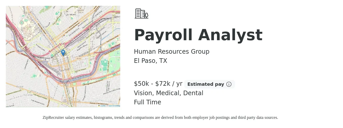 Human Resources Group job posting for a Payroll Analyst in El Paso, TX with a salary of $50,000 to $72,000 Yearly (plus commission) and benefits including retirement, vision, dental, life_insurance, medical, and pto with a map of El Paso location.