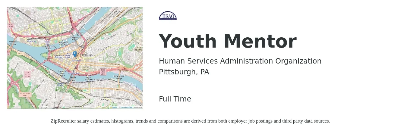 Human Services Administration Organization job posting for a Youth Mentor in Pittsburgh, PA with a salary of $38,000 Yearly with a map of Pittsburgh location.