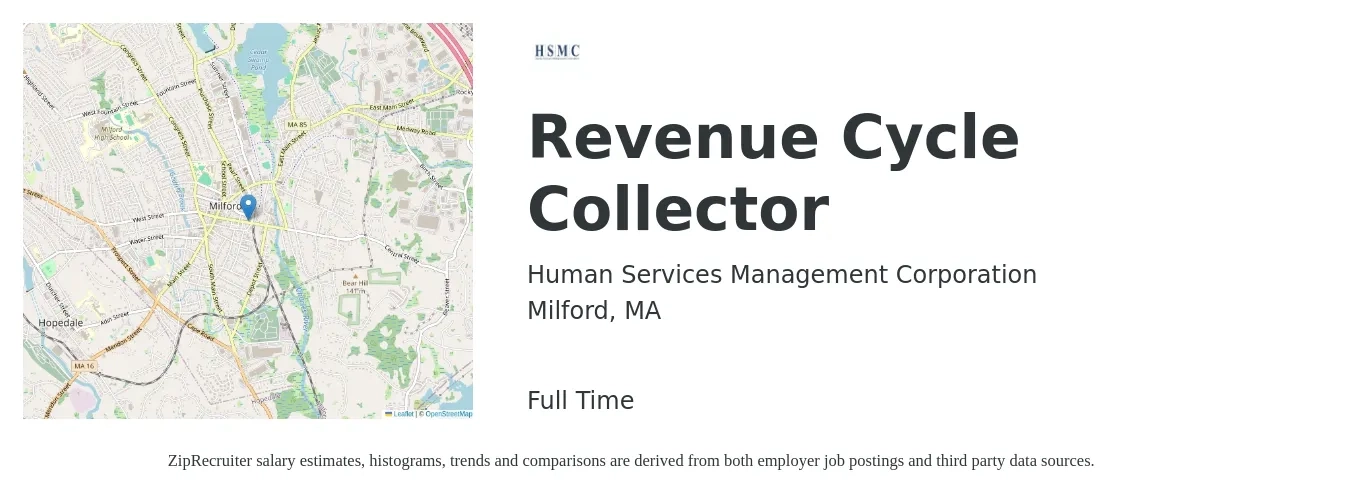Human Services Management Corporation job posting for a Revenue Cycle Collector in Milford, MA with a salary of $54,800 to $91,000 Yearly with a map of Milford location.