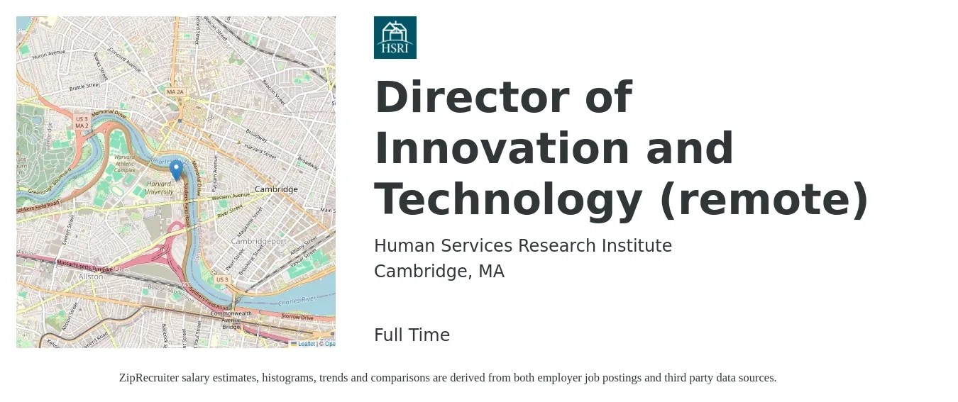 Human Services Research Institute job posting for a Director of Innovation and Technology (remote) in Cambridge, MA with a salary of $93,400 to $154,100 Yearly with a map of Cambridge location.