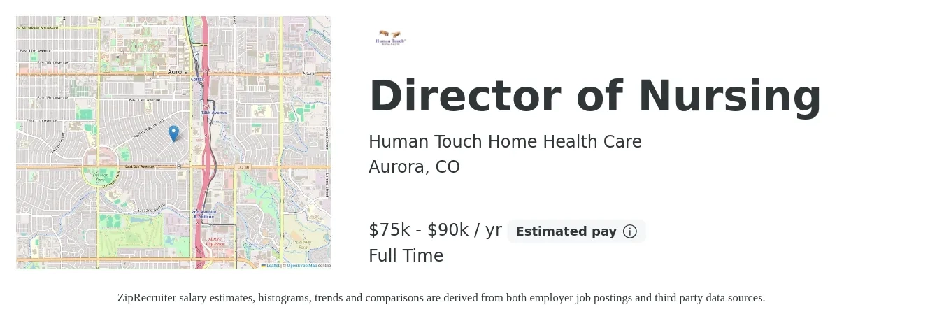 Human Touch Home Health Care job posting for a Director of Nursing in Aurora, CO with a salary of $75,000 to $90,000 Yearly with a map of Aurora location.