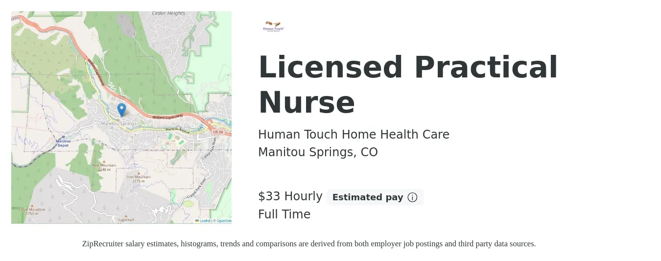 Human Touch Home Health Care job posting for a Licensed Practical Nurse in Manitou Springs, CO with a salary of $35 Hourly with a map of Manitou Springs location.