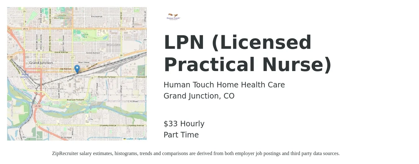 Human Touch Home Health Care job posting for a LPN (Licensed Practical Nurse) in Grand Junction, CO with a salary of $35 Hourly with a map of Grand Junction location.