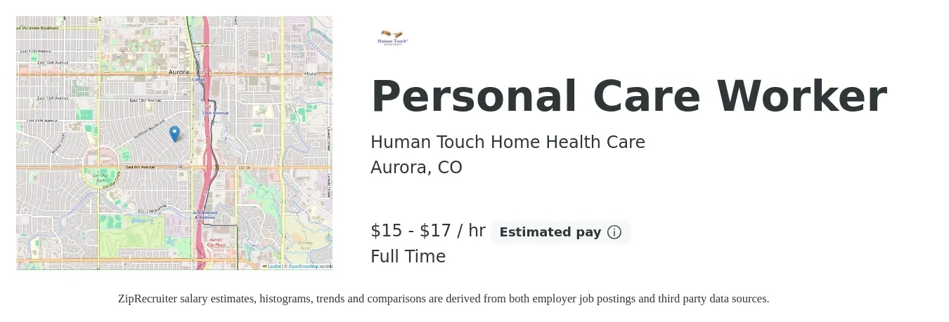 Human Touch Home Health Care job posting for a Personal Care Worker in Aurora, CO with a salary of $16 to $18 Hourly with a map of Aurora location.