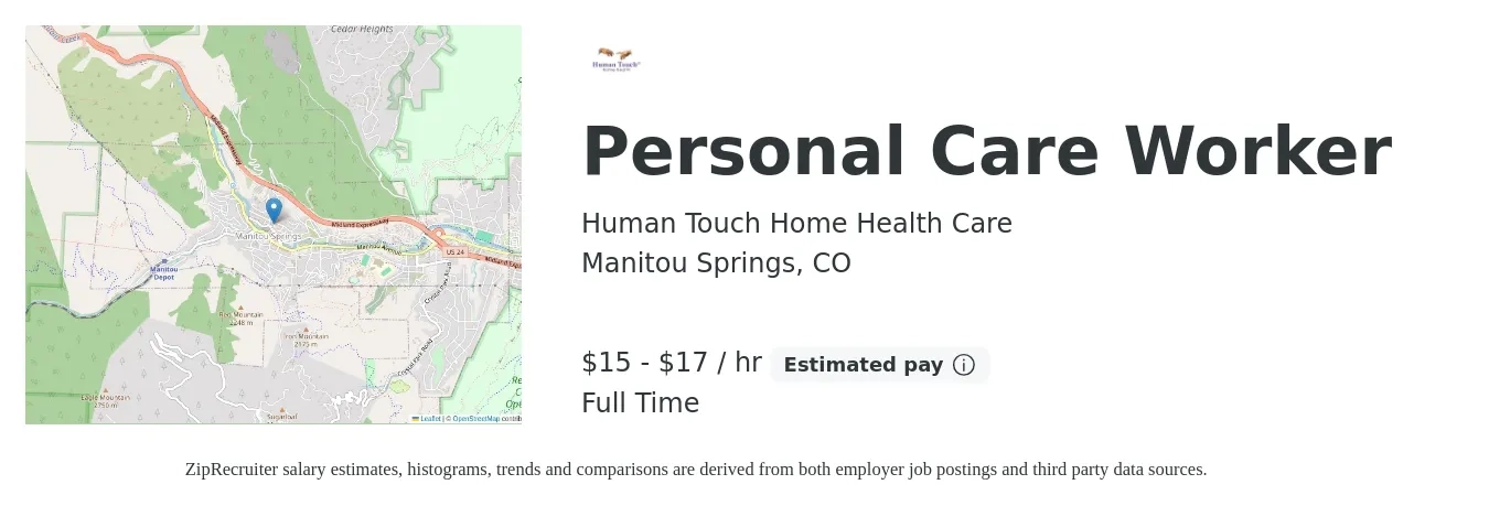Human Touch Home Health Care job posting for a Personal Care Worker in Manitou Springs, CO with a salary of $16 to $18 Hourly with a map of Manitou Springs location.