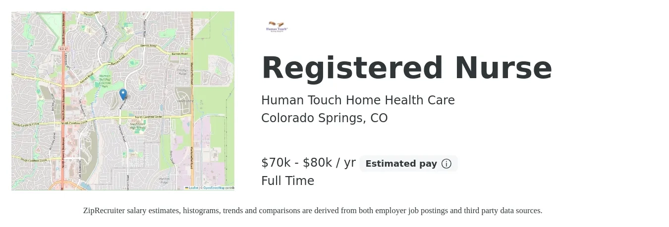 Human Touch Home Health Care job posting for a Registered Nurse in Colorado Springs, CO with a salary of $70,000 to $80,000 Yearly with a map of Colorado Springs location.