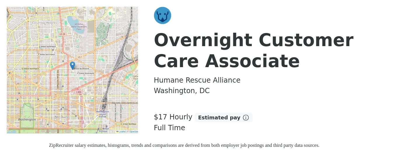 Humane Rescue Alliance job posting for a Overnight Customer Care Associate in Washington, DC with a salary of $19 Hourly with a map of Washington location.
