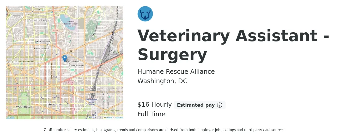 Humane Rescue Alliance job posting for a Veterinary Assistant - Surgery in Washington, DC with a salary of $17 Hourly with a map of Washington location.