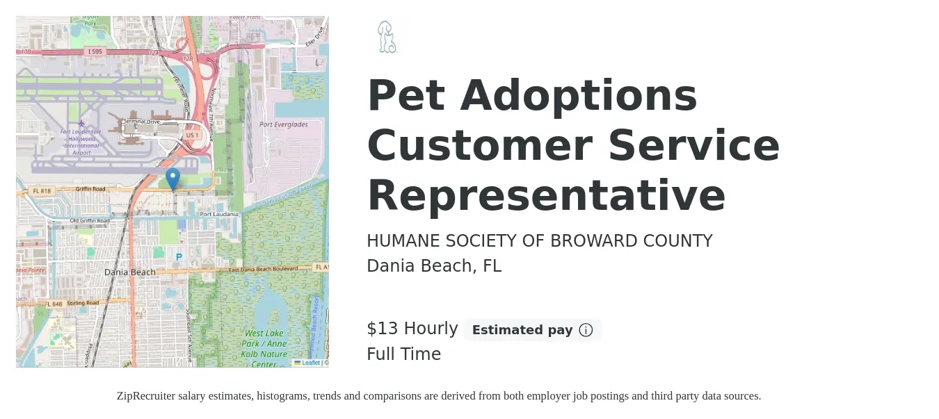 HUMANE SOCIETY OF BROWARD COUNTY job posting for a Pet Adoptions Customer Service Representative in Dania Beach, FL with a salary of $16 to $22 Hourly with a map of Dania Beach location.