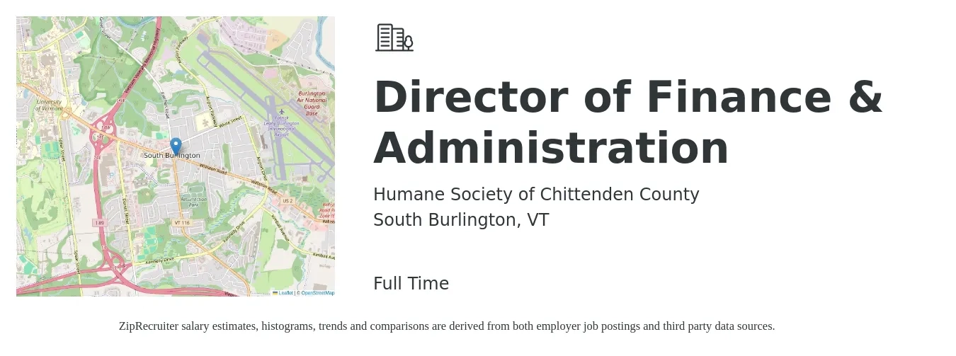 Humane Society of Chittenden County job posting for a Director of Finance & Administration in South Burlington, VT with a salary of $90,000 to $105,000 Yearly with a map of South Burlington location.