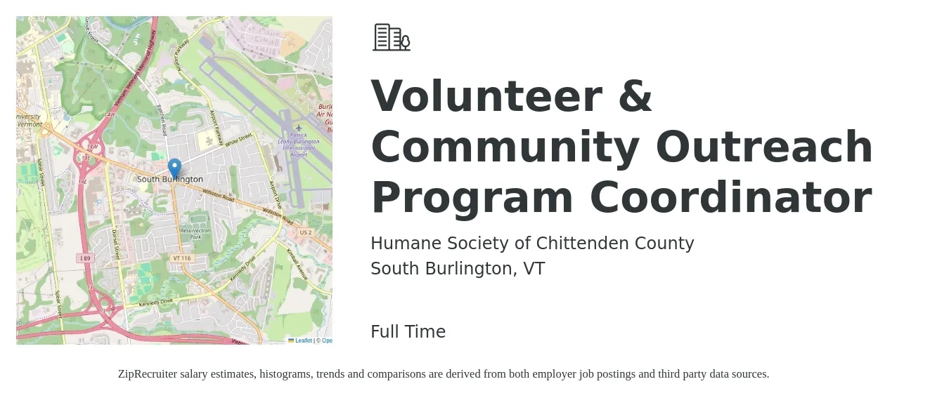 Humane Society of Chittenden County job posting for a Volunteer & Community Outreach Program Coordinator in South Burlington, VT with a salary of $23 to $25 Hourly with a map of South Burlington location.