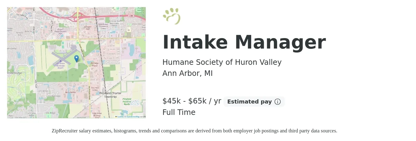Humane Society of Huron Valley job posting for a Intake Manager in Ann Arbor, MI with a salary of $45,000 to $65,000 Yearly with a map of Ann Arbor location.