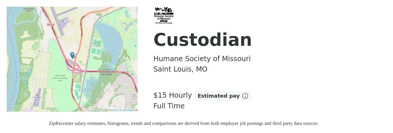 Humane Society of Missouri job posting for a Custodian in Saint Louis, MO with a salary of $16 Hourly with a map of Saint Louis location.