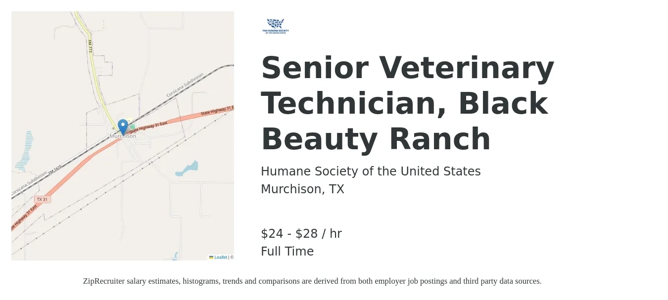 Humane Society of the United States job posting for a Senior Veterinary Technician, Black Beauty Ranch in Murchison, TX with a salary of $25 to $30 Hourly with a map of Murchison location.