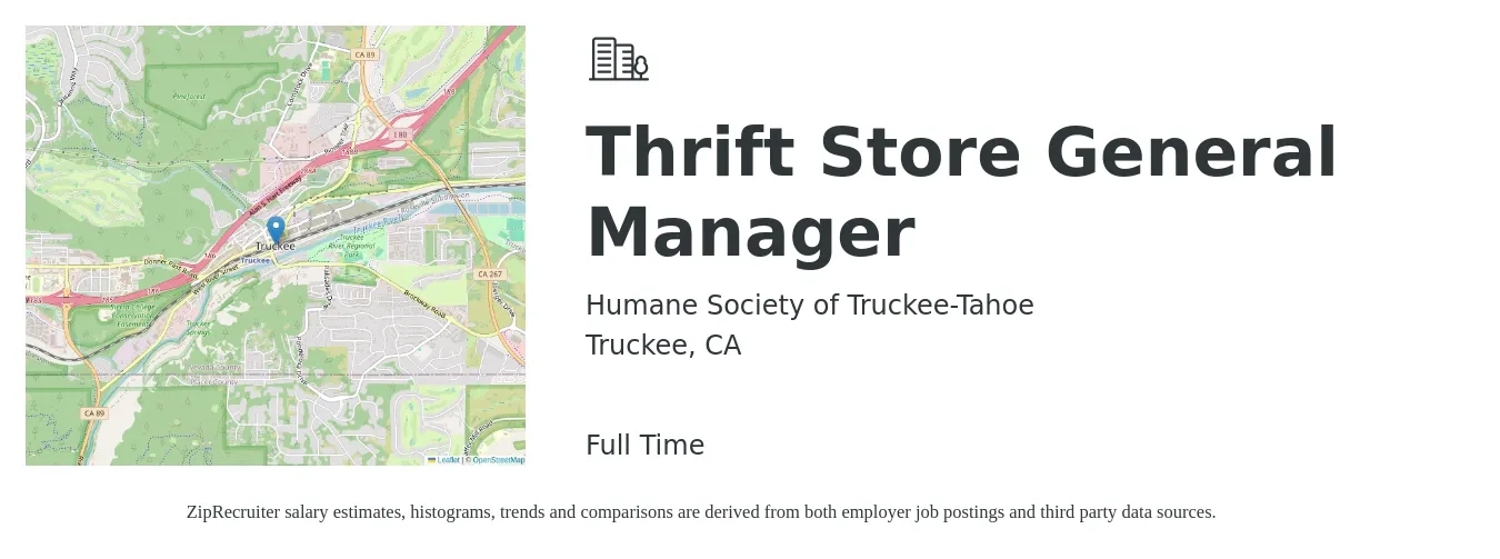 Humane Society of Truckee-Tahoe job posting for a Thrift Store General Manager in Truckee, CA with a salary of $28 to $30 Hourly with a map of Truckee location.