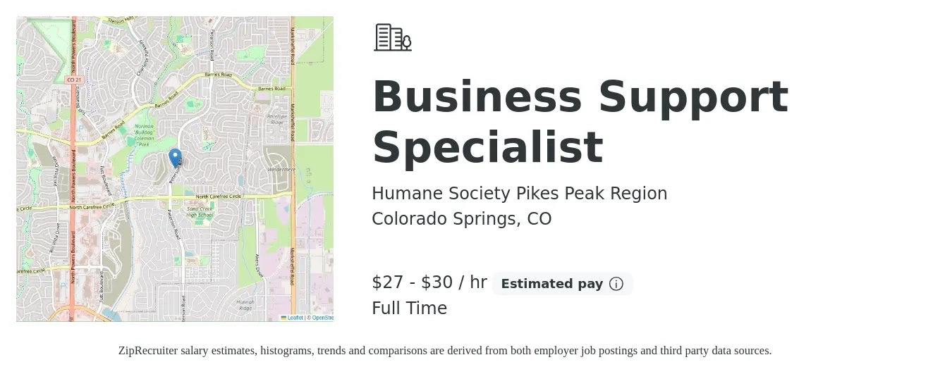 Humane Society Pikes Peak Region job posting for a Business Support Specialist in Colorado Springs, CO with a salary of $60,000 to $65,000 Yearly with a map of Colorado Springs location.