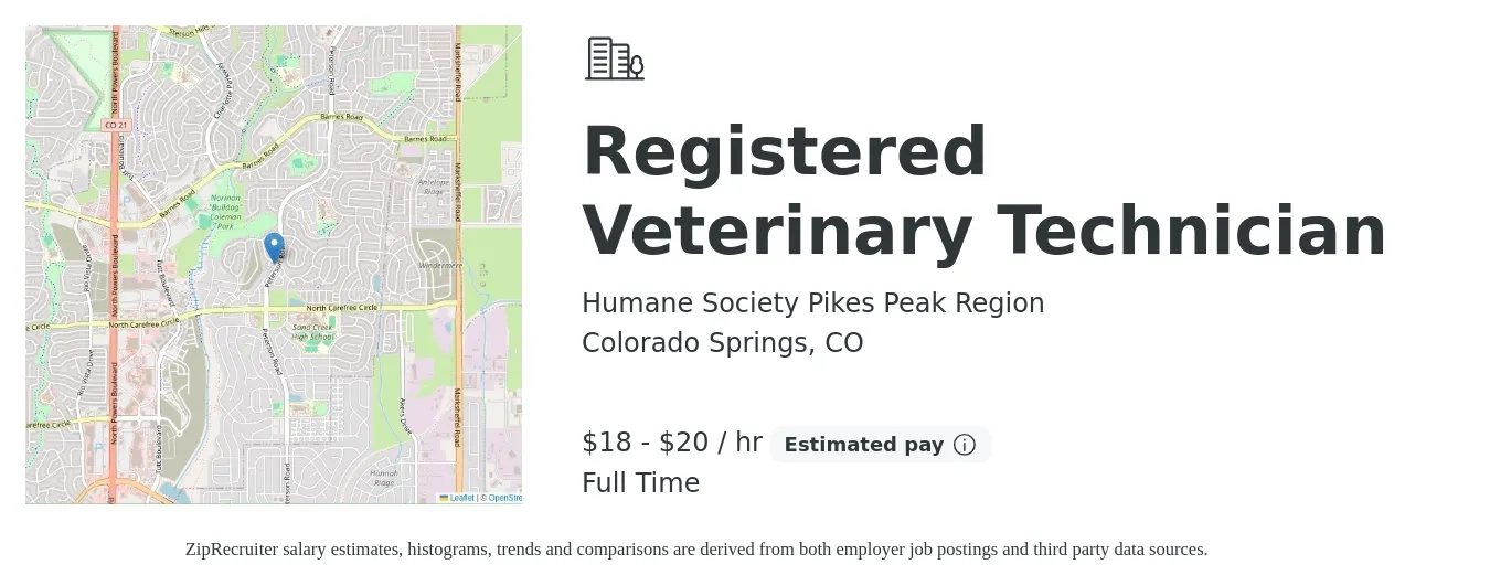 Humane Society Pikes Peak Region job posting for a Registered Veterinary Technician in Colorado Springs, CO with a salary of $20 to $21 Hourly with a map of Colorado Springs location.