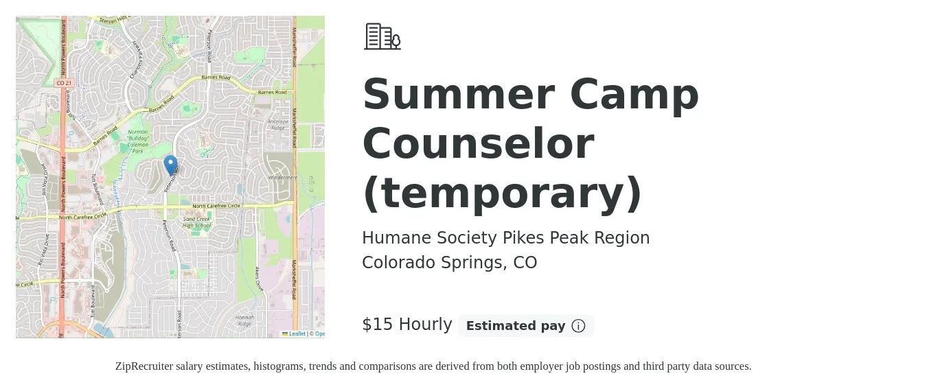 Humane Society Pikes Peak Region job posting for a Summer Camp Counselor (temporary) in Colorado Springs, CO with a salary of $16 to $16 Hourly with a map of Colorado Springs location.