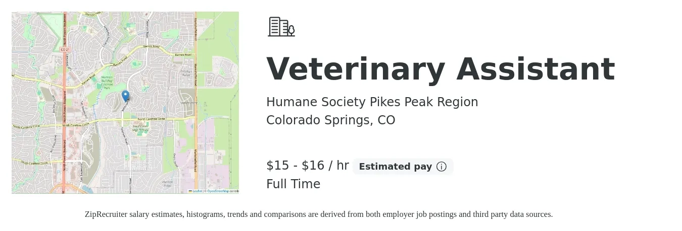 Humane Society Pikes Peak Region job posting for a Veterinary Assistant in Colorado Springs, CO with a salary of $16 to $17 Hourly with a map of Colorado Springs location.