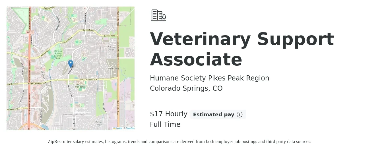 Humane Society Pikes Peak Region job posting for a Veterinary Support Associate in Colorado Springs, CO with a salary of $18 to $18 Hourly with a map of Colorado Springs location.