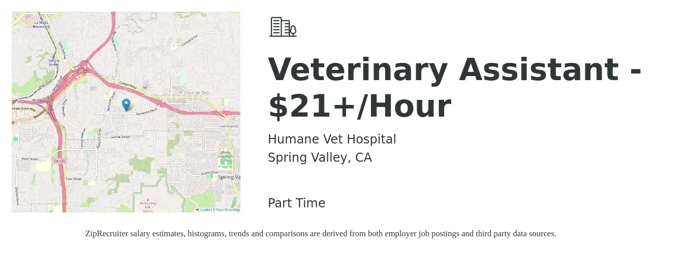 Humane Vet Hospital job posting for a Veterinary Assistant - $21+/Hour in Spring Valley, CA with a salary of $21 Hourly with a map of Spring Valley location.