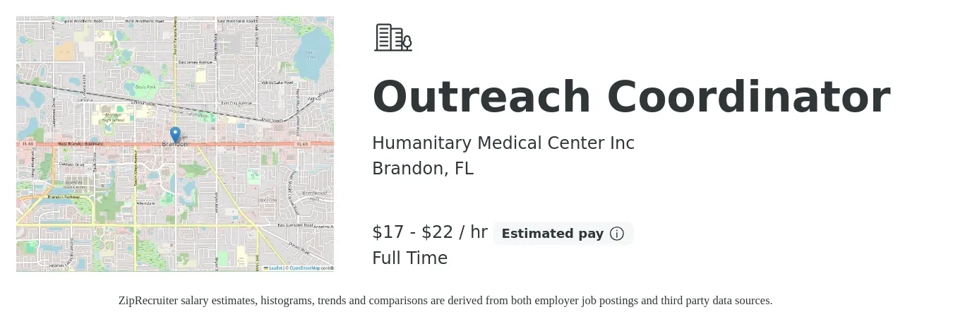 Humanitary Medical Center Inc job posting for a Outreach Coordinator in Brandon, FL with a salary of $15 to $23 Hourly with a map of Brandon location.