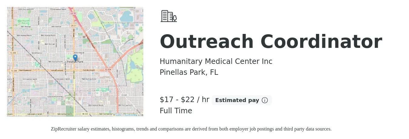 Humanitary Medical Center Inc job posting for a Outreach Coordinator in Pinellas Park, FL with a salary of $15 to $23 Hourly with a map of Pinellas Park location.