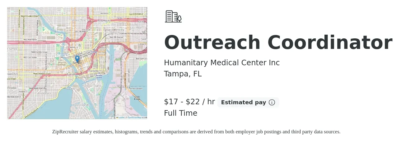 Humanitary Medical Center Inc job posting for a Outreach Coordinator in Tampa, FL with a salary of $15 to $23 Hourly with a map of Tampa location.