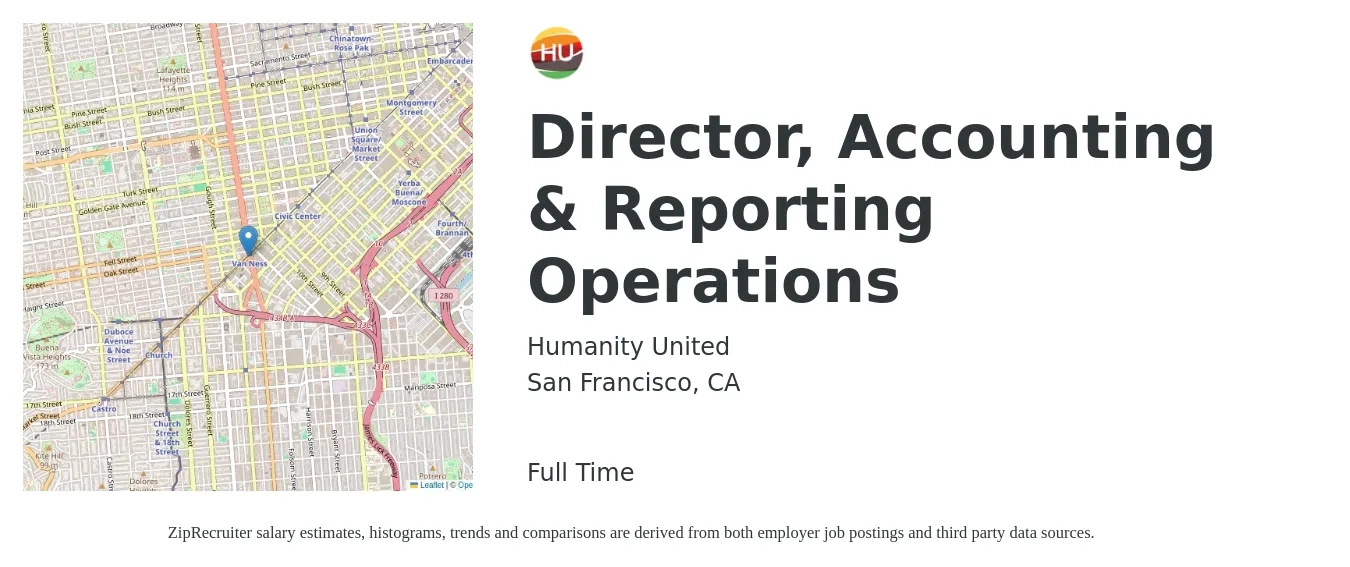 Humanity United job posting for a Director, Accounting & Reporting Operations in San Francisco, CA with a salary of $123,700 to $188,500 Yearly with a map of San Francisco location.