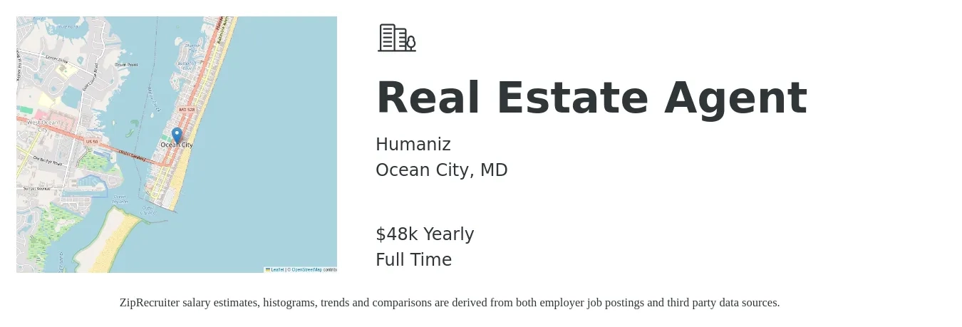 Humaniz job posting for a Real Estate Agent in Ocean City, MD with a salary of $48,227 Yearly with a map of Ocean City location.